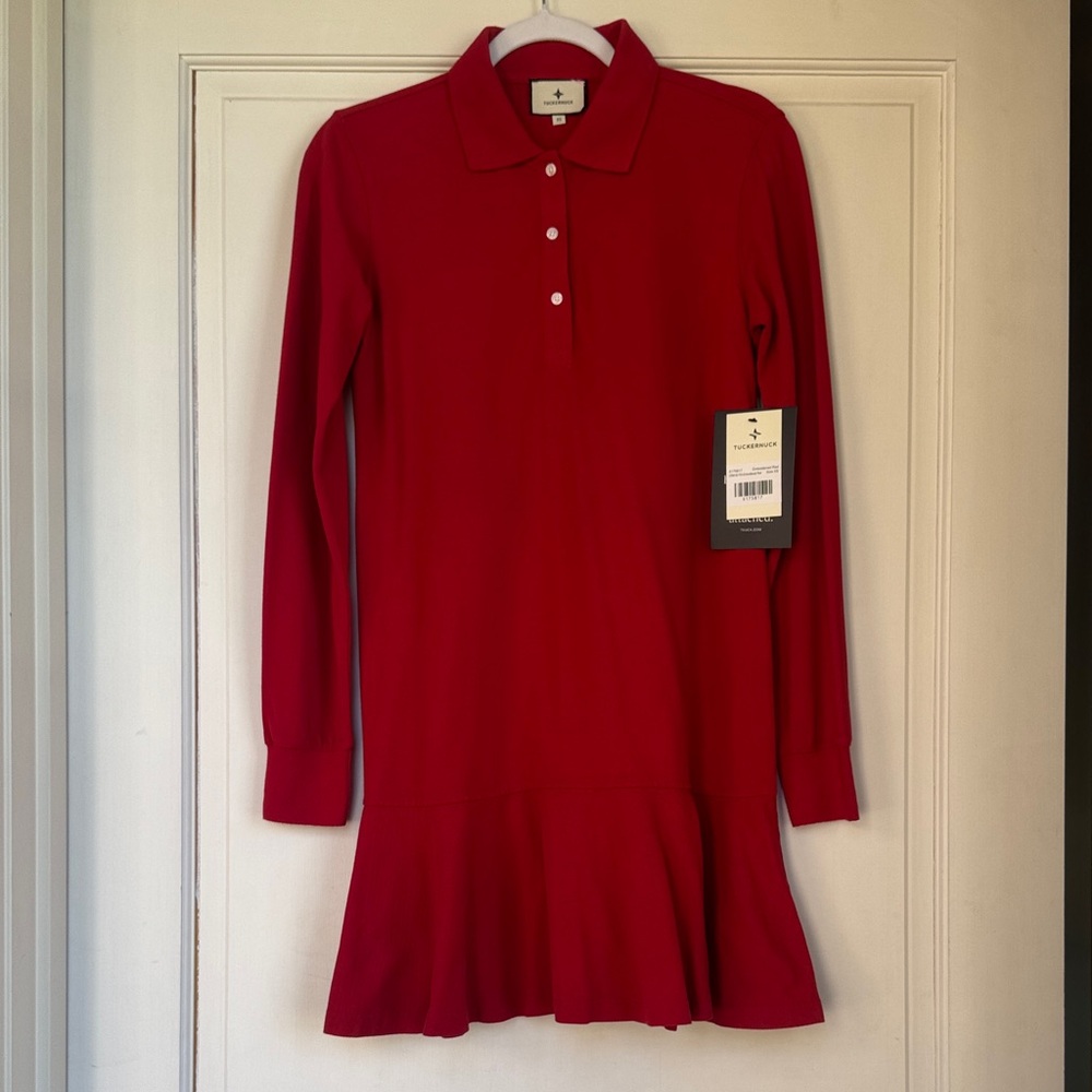 NEW With Tag Red Long Sleeve Cotton Polo Dress with Hem Detail - Picture 2 of 7